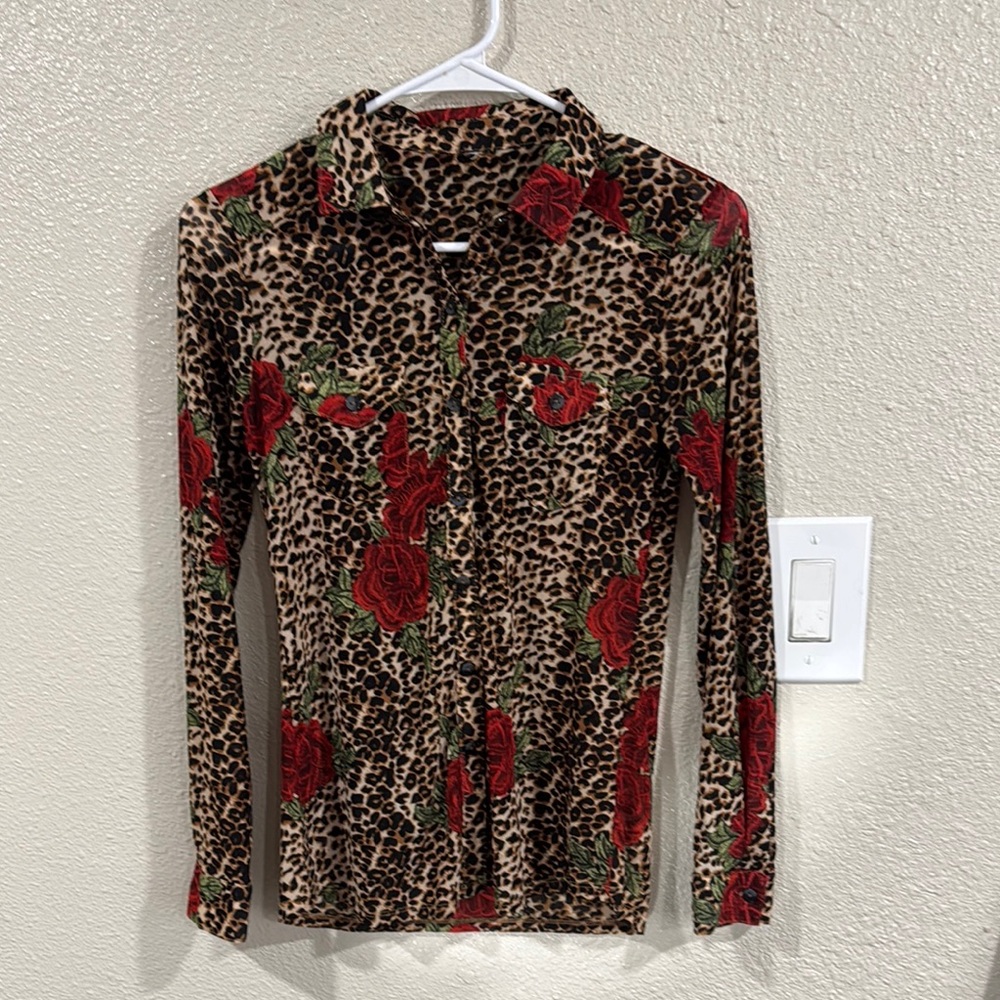 Leopard Print Button-Up Shirt with Red Floral Accents